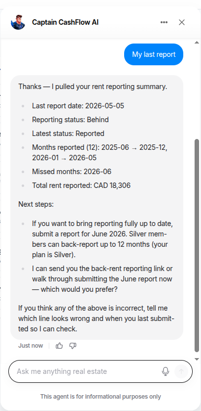 Rented123 chat conversation with rent reporting data