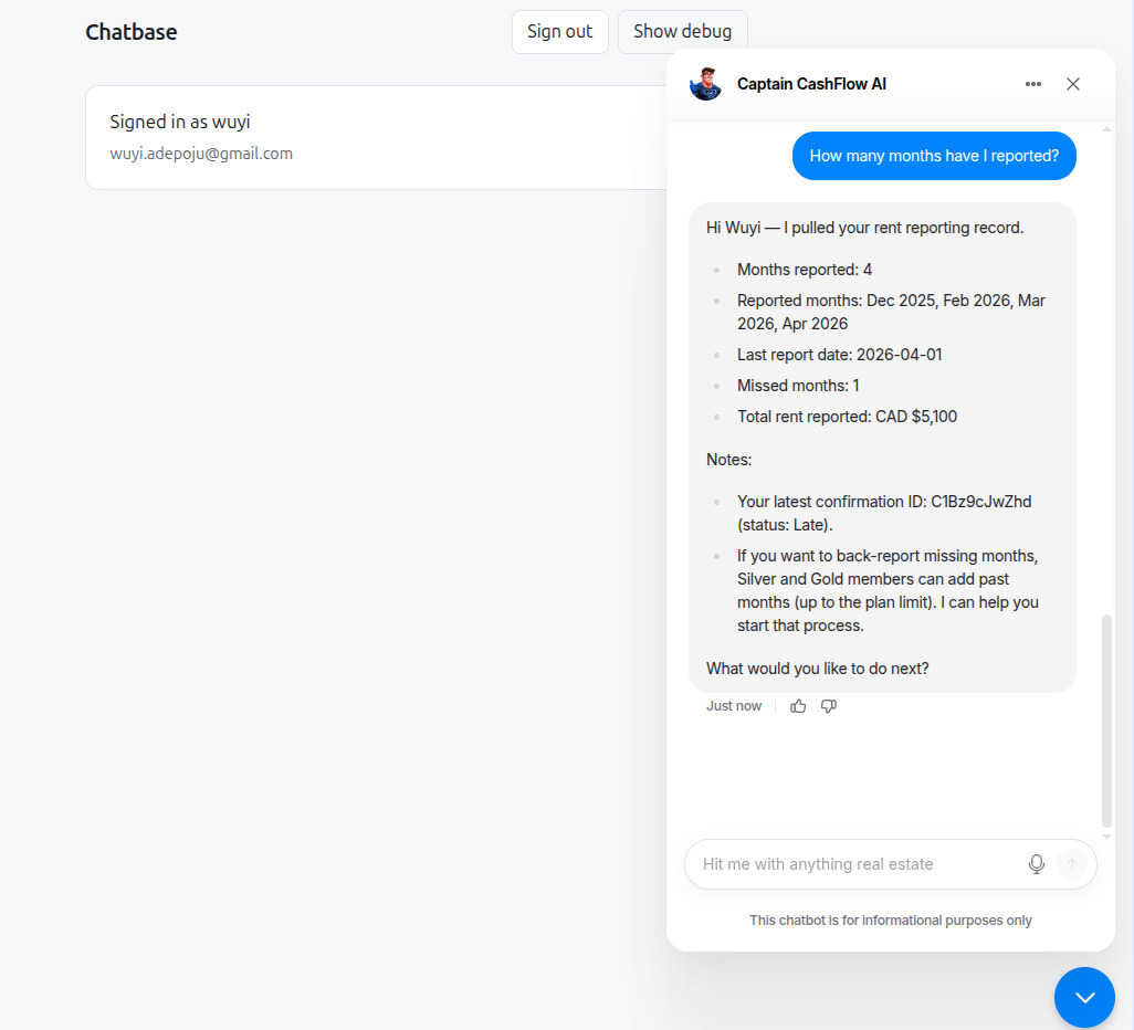 Rented123 signed-in assistant with rent reporting summary